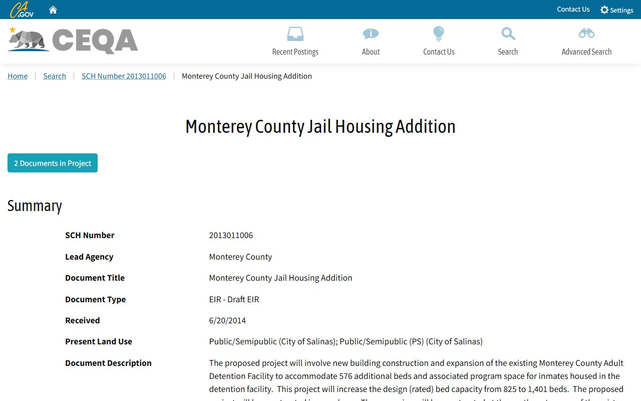 Monterey County inmate population jail housing addition record