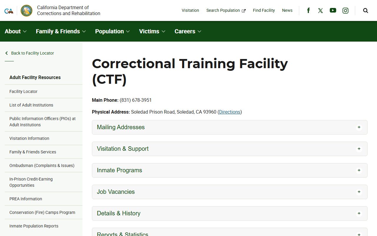 Correctional Training Facility CDCR inmate lookup information in Monterey County