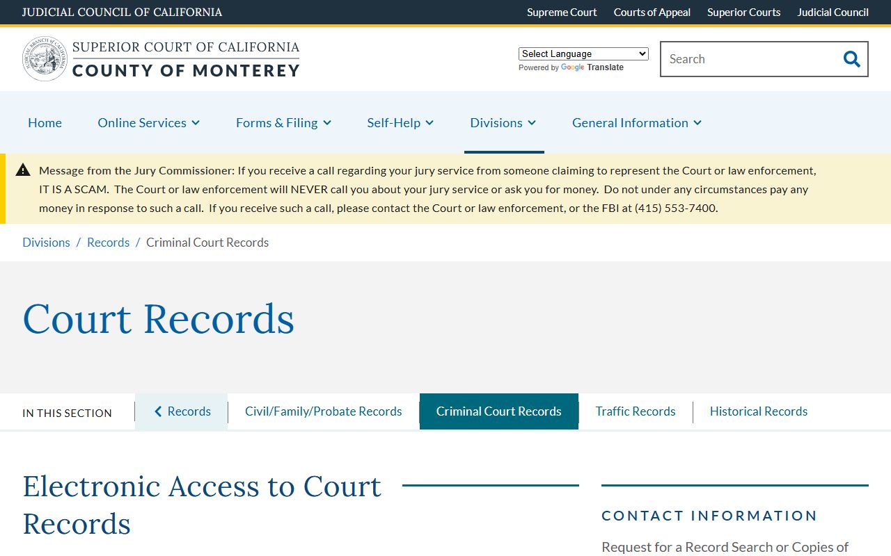 Monterey County criminal court records after jail arrest access page