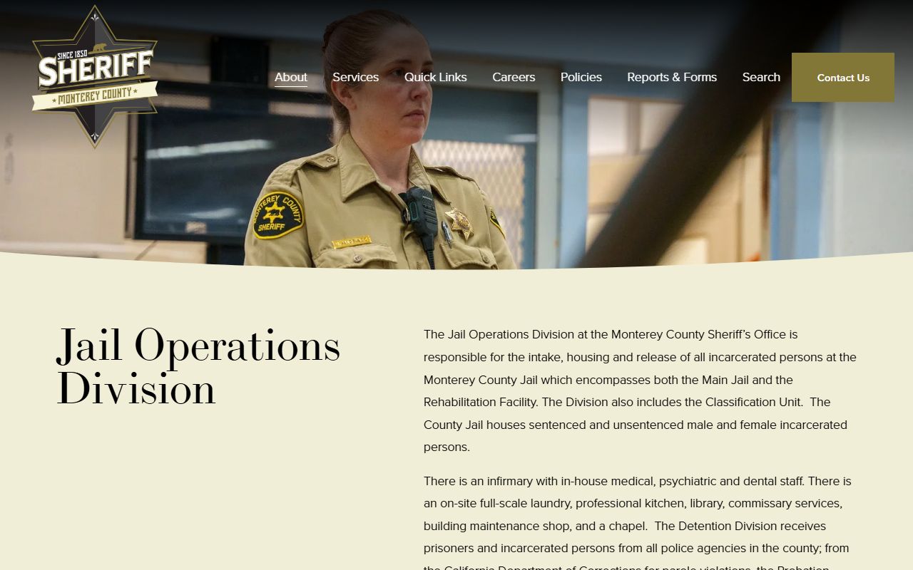 Monterey County Jail Operations Division inmate custody information